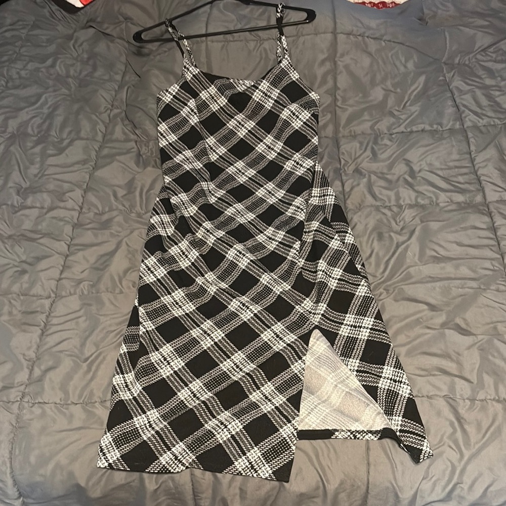 No Boundaries Asymmetrical Plaid Dress in Black and White